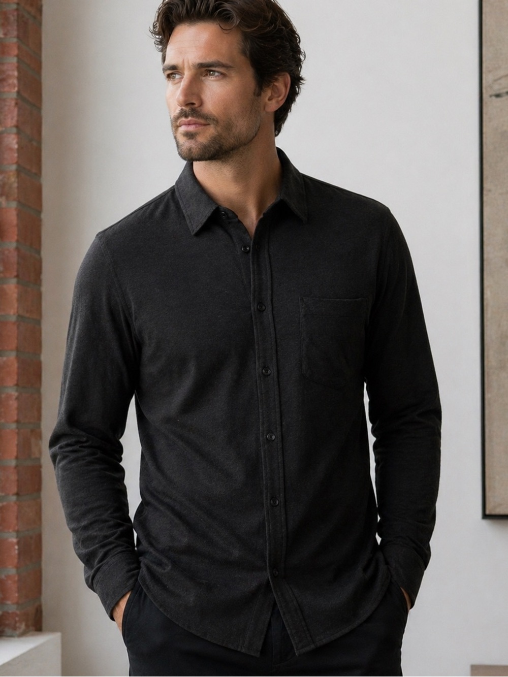 Kit and Ace Men's Black Long-Sleeve Button Shirt